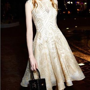Golden Sparkle Gemstones Mesh Empire Waist A Line Knee Length Party Dress M